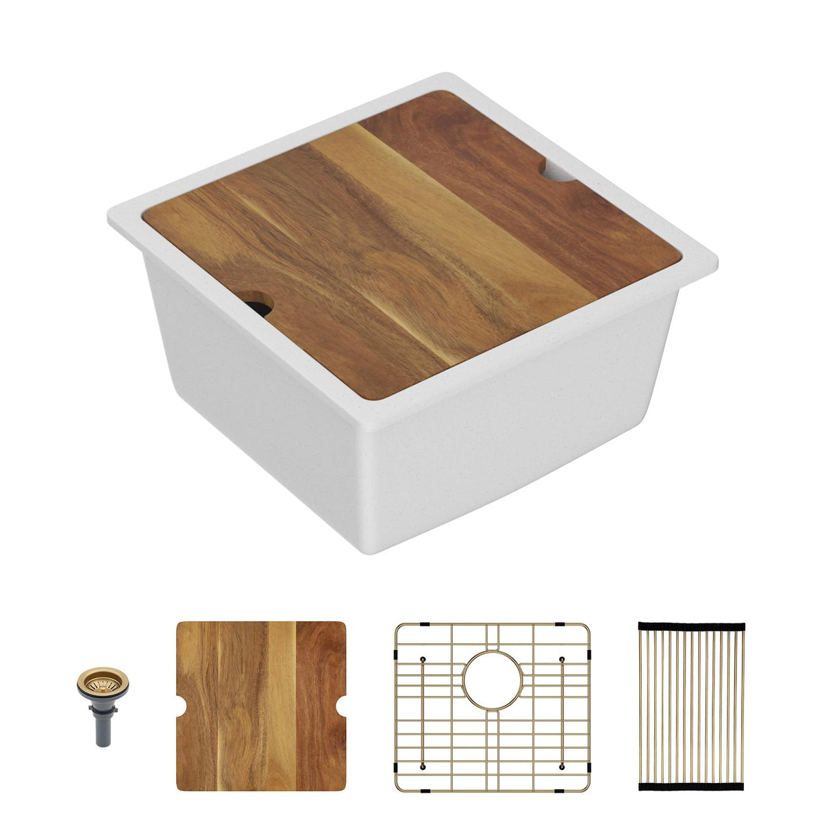 Lordear 18 Inch White Kitchen Sink Granite Composite Undermount Bar Workstation 18x18 White Quartz Sinks Under Counter Single Bowl with Classic Gold Accessories