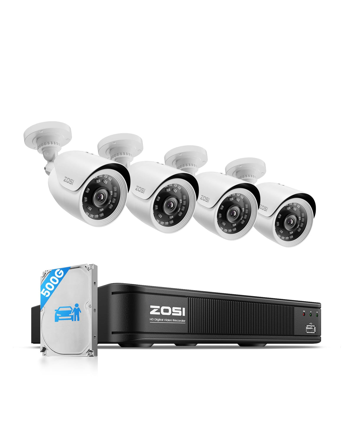 ZOSI 3K Lite Wired Security Camera System, 4 X 1080p Cameras, 500GB HDD