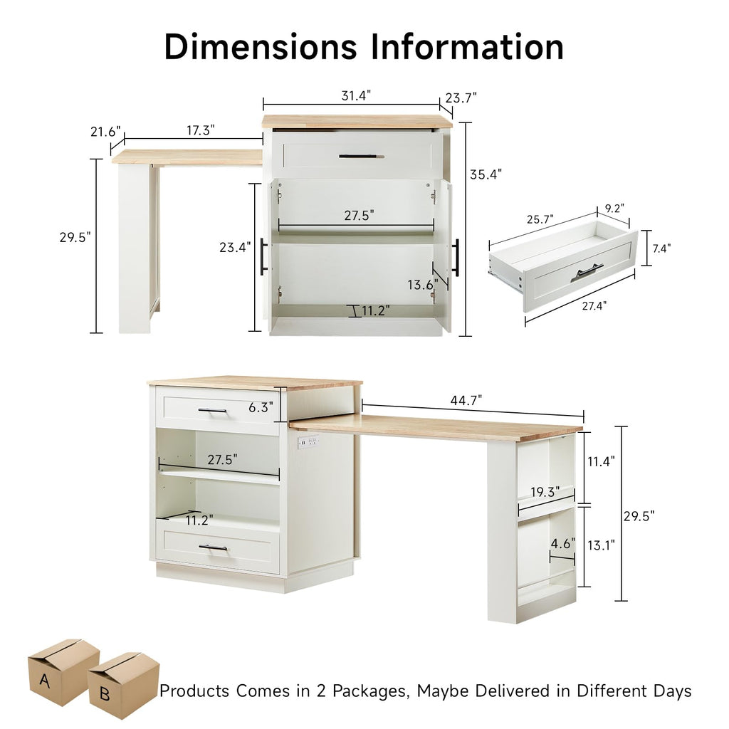 48"-76" Kitchen Islands with Extendable Dining Table, 2-4 People, White