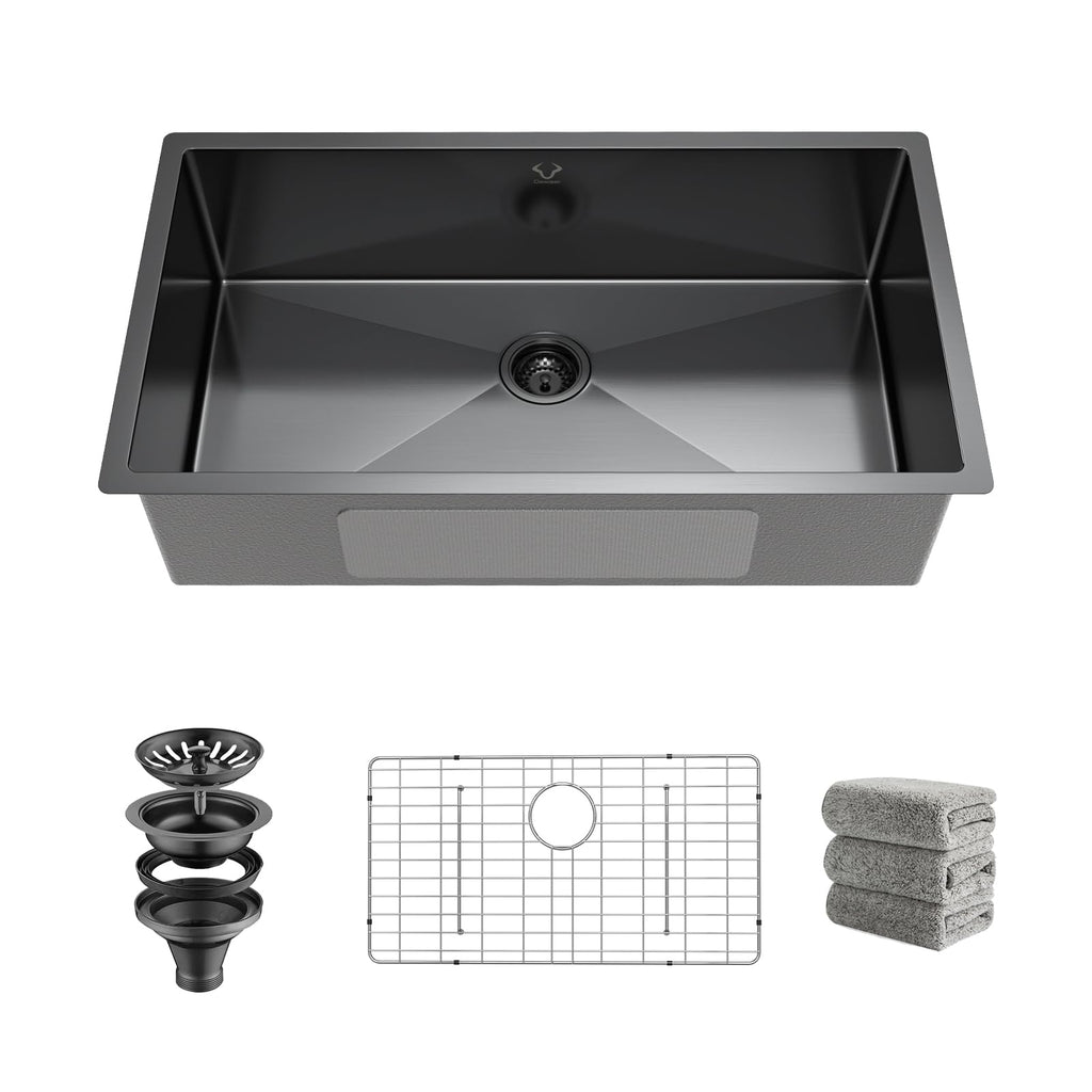 Kitchen Sinks 32x18 Inch Undermount Kitchen Sink Stainless Steel Sink 16 Gauge Single Bowl Set (5 Item Bundle: Sink, Bottom Grid, Drain Assembly, Drain Cap, Towel)
