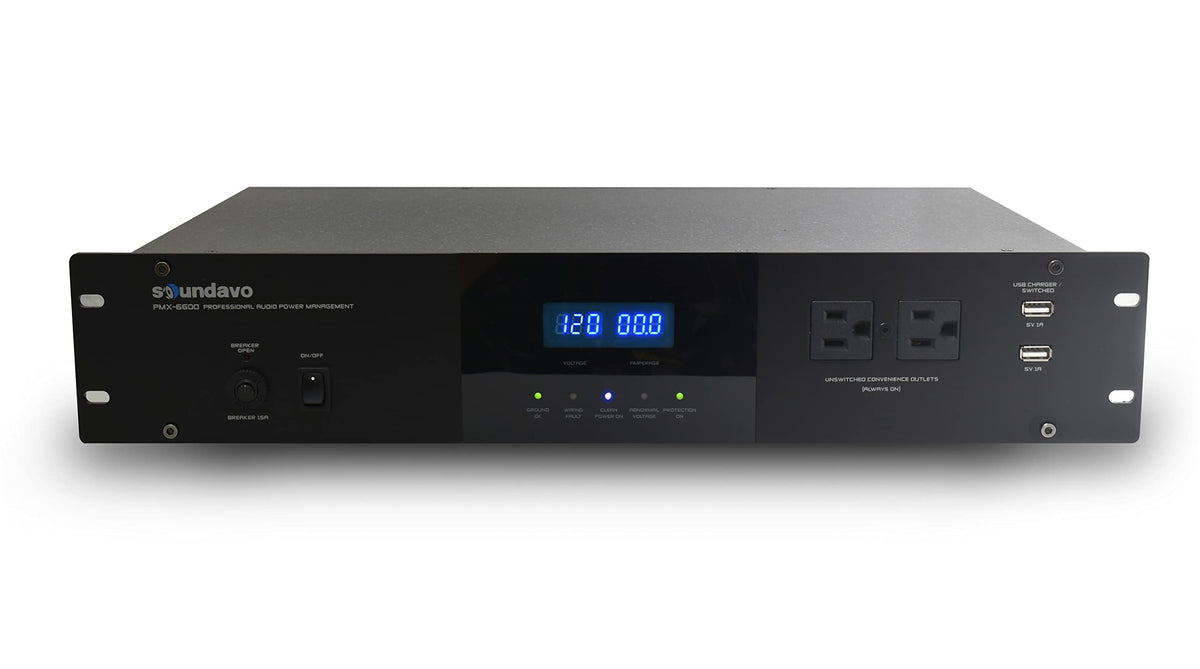 PMX-6600 Professional Audio Power Conditioner/Surge Sequencer 14 Protected Outlets and 3 Zones 15A with LED Voltmeter Display with 2 x USB Charger (BLACK-2U)