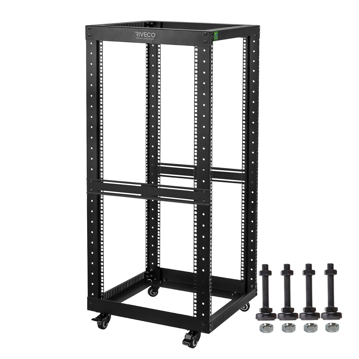 22U Open Frame Server Rack with Brake Casters +19" Rail Mounting PDU (8 Outlets) Power Strip with Surge Protector + 2PCS Rack Shelves Cantilever Tray Set Black
