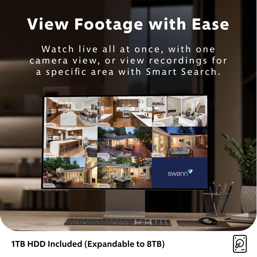 Swann Home/Business Wired DVR, 1080p Full HD Security Camera System, 8 Channels, 8 Cameras Indoor/Outdoor, 1TB HDD Storage, Color Night Vision, Sensor Spotlights, 24/7 Recording
