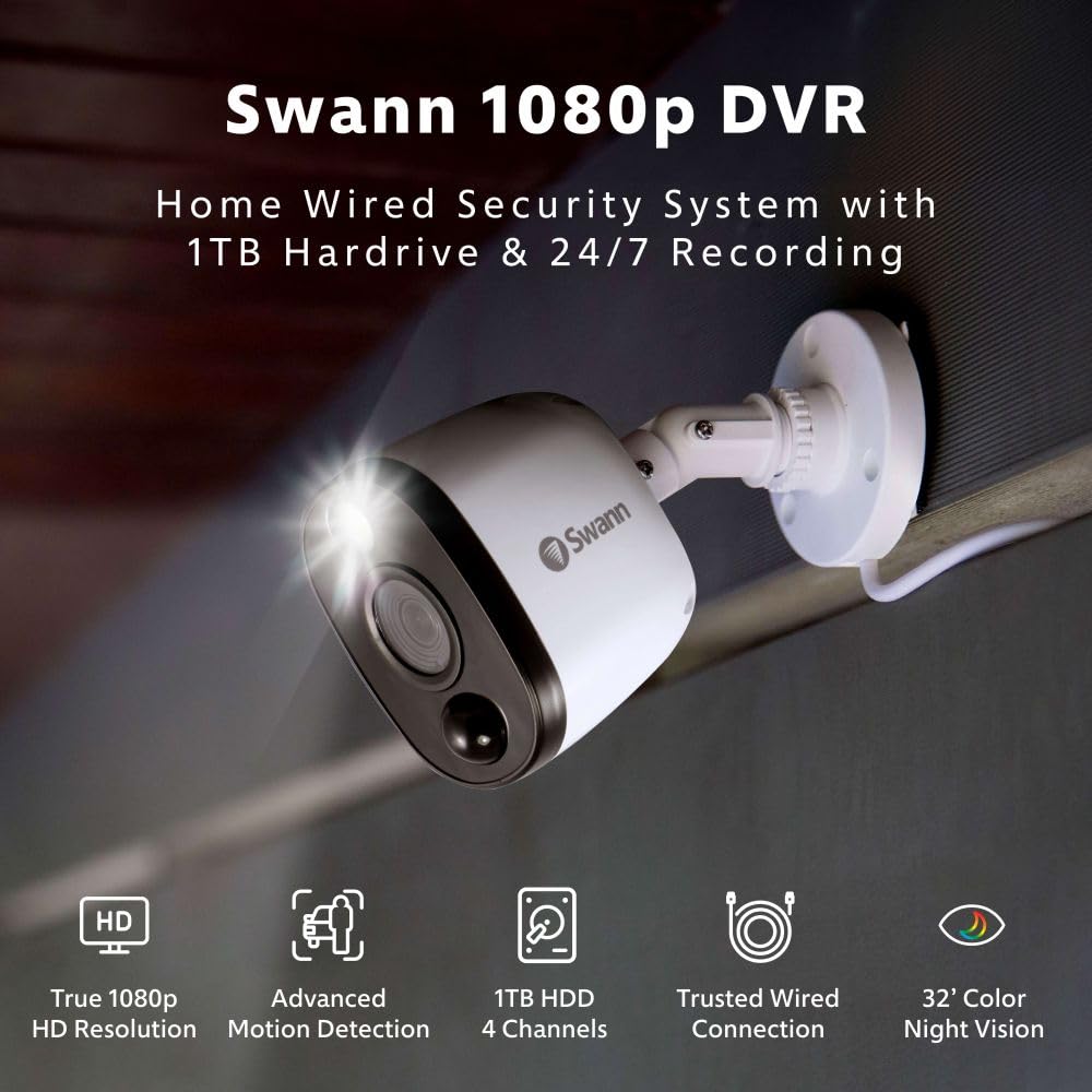 Swann Home/Business Wired DVR, 1080p Full HD Security Camera System, 8 Channels, 8 Cameras Indoor/Outdoor, 1TB HDD Storage, Color Night Vision, Sensor Spotlights, 24/7 Recording