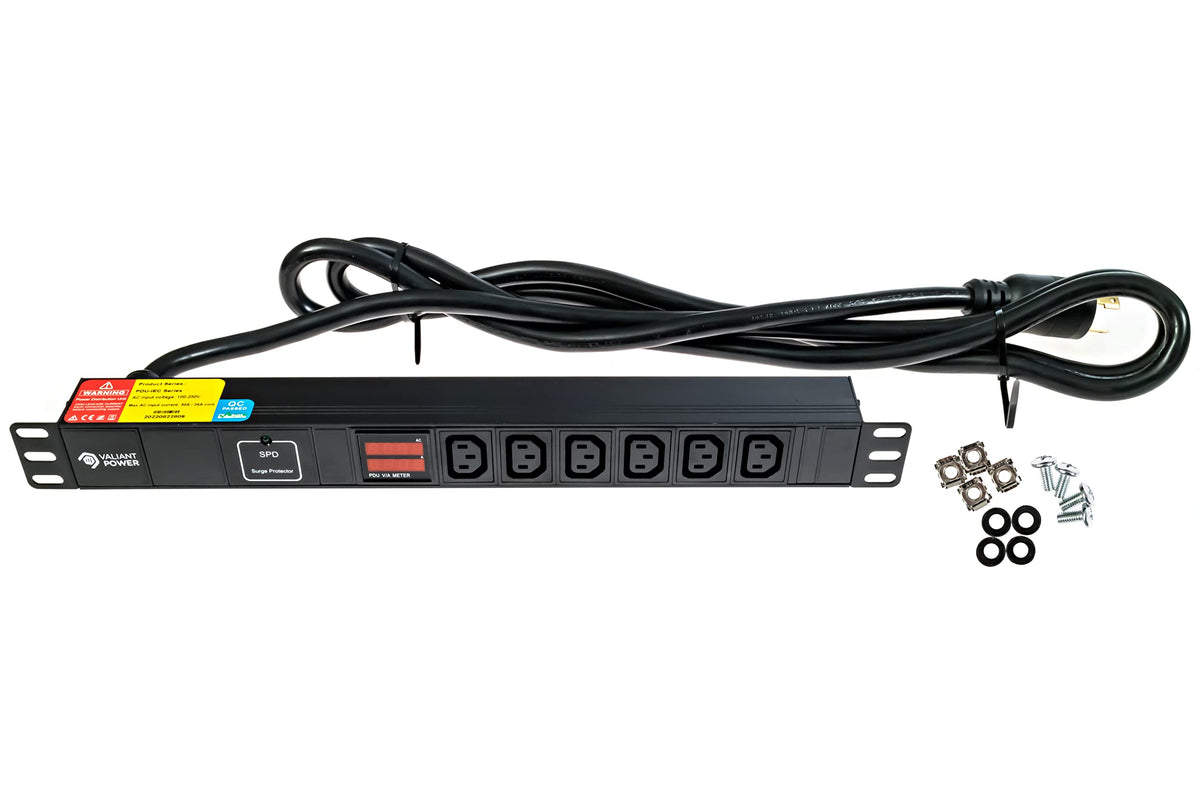 Rack Mount Power Strip - 240V 30A Single Phase PDU with Built-in Surge Protector, Volt & Amp Meter for Data Center - 19” Metal Housing, Ears & Fittings Included, 10’ Cable, 6 Outlets