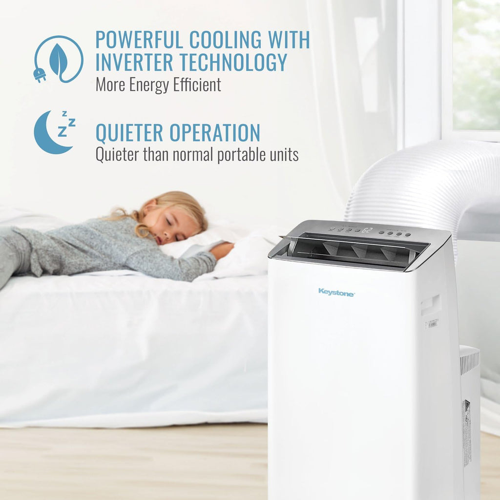 Keystone 14,000 BTU ASHRAE/12,000 BTU DOE Portable Inverter Air Conditioner with Heater, Quiet, High Efficiency Operation and Remote, AC Unit for Apartment, Living Room, Medium Rooms up to 550-Sq. Ft.