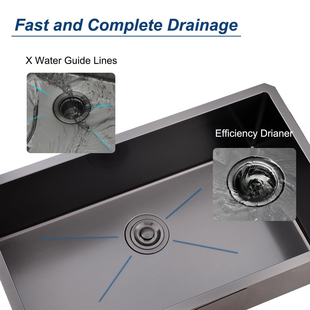 28 Inch Undermount Kitchen Sink Black, 28x18 Gunmetal Black 16 Gauge Stainless Steel Single Bowl Under Mount Commercial Kitchen Sinks 9 Inch Deep Includes Drain
