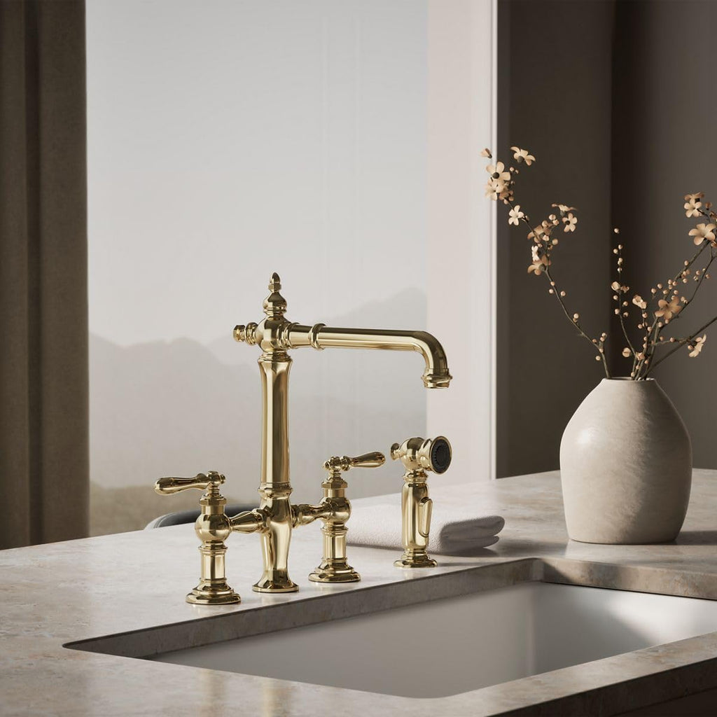 KOHLER Artifacts Two-Hole Bridge Kitchen Sink Faucet with Sidesprayer