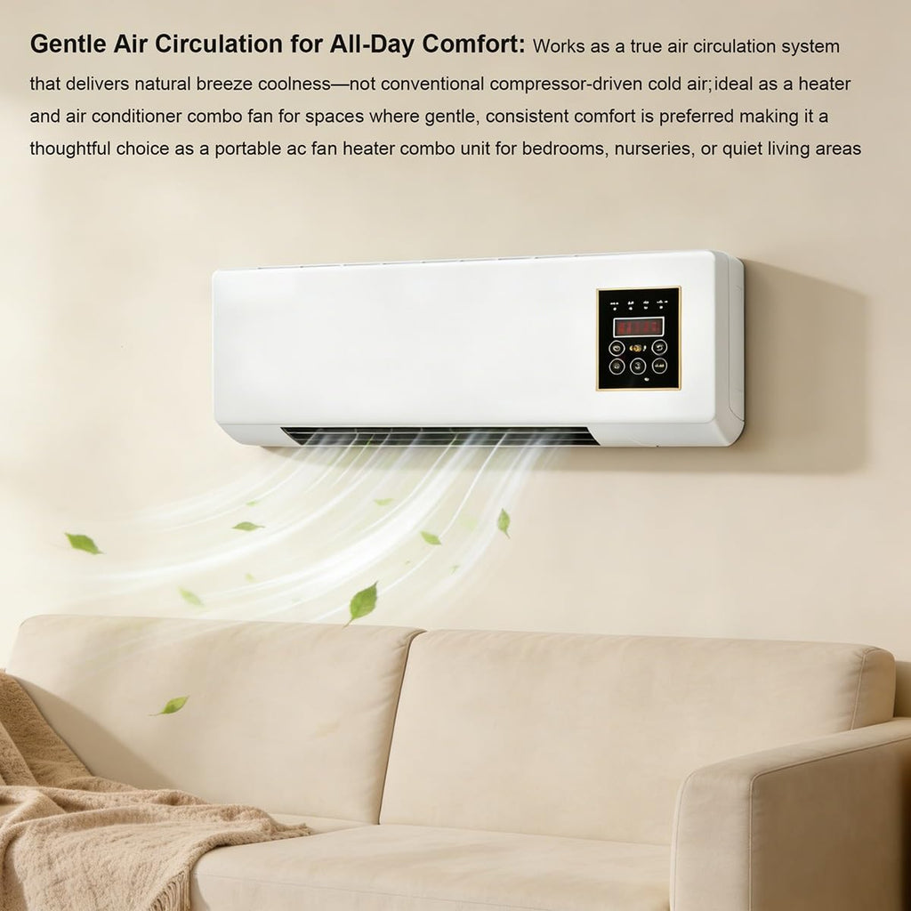 Wall Mount AC Heater Combo, 1500W Quiet Fan for Bedroom and Office, Smart Remote Control with 24H Timer, Portable Cooling and Heating Unit for Year-Round Comfort