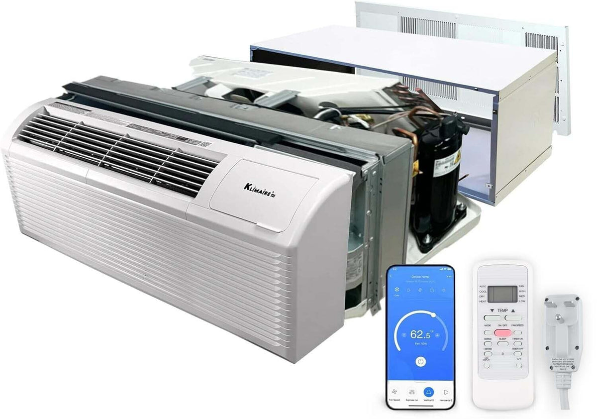 Klimaire 15,000 BTU PTAC Packaged Terminal Air Conditioner & Heat Pump with 5 kW Electric Heater | Remote Control | Wall Sleeve | Grille | Drain Kit | Wi-Fi Option | Hotel Style - R32