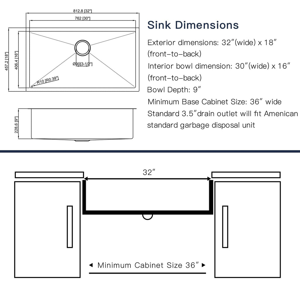 Kitchen Sinks 32x18 Inch Undermount Kitchen Sink Stainless Steel Sink 16 Gauge Single Bowl Set (5 Item Bundle: Sink, Bottom Grid, Drain Assembly, Drain Cap, Towel)