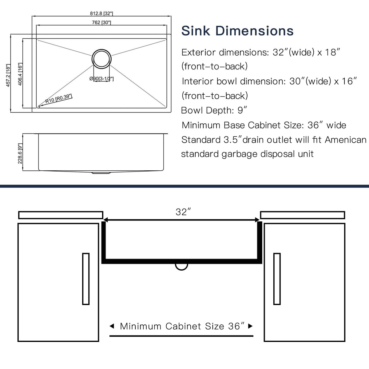 Kitchen Sinks 32x18 Inch Undermount Kitchen Sink Stainless Steel Sink 16 Gauge Single Bowl Set (5 Item Bundle: Sink, Bottom Grid, Drain Assembly, Drain Cap, Towel)