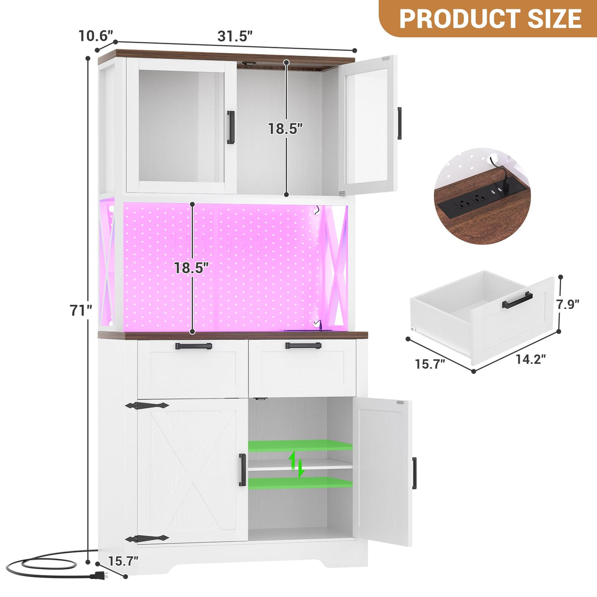 Unikito 71" Kitchen Pantry Cabinet with LED Light & Outlet, Microwave Stand