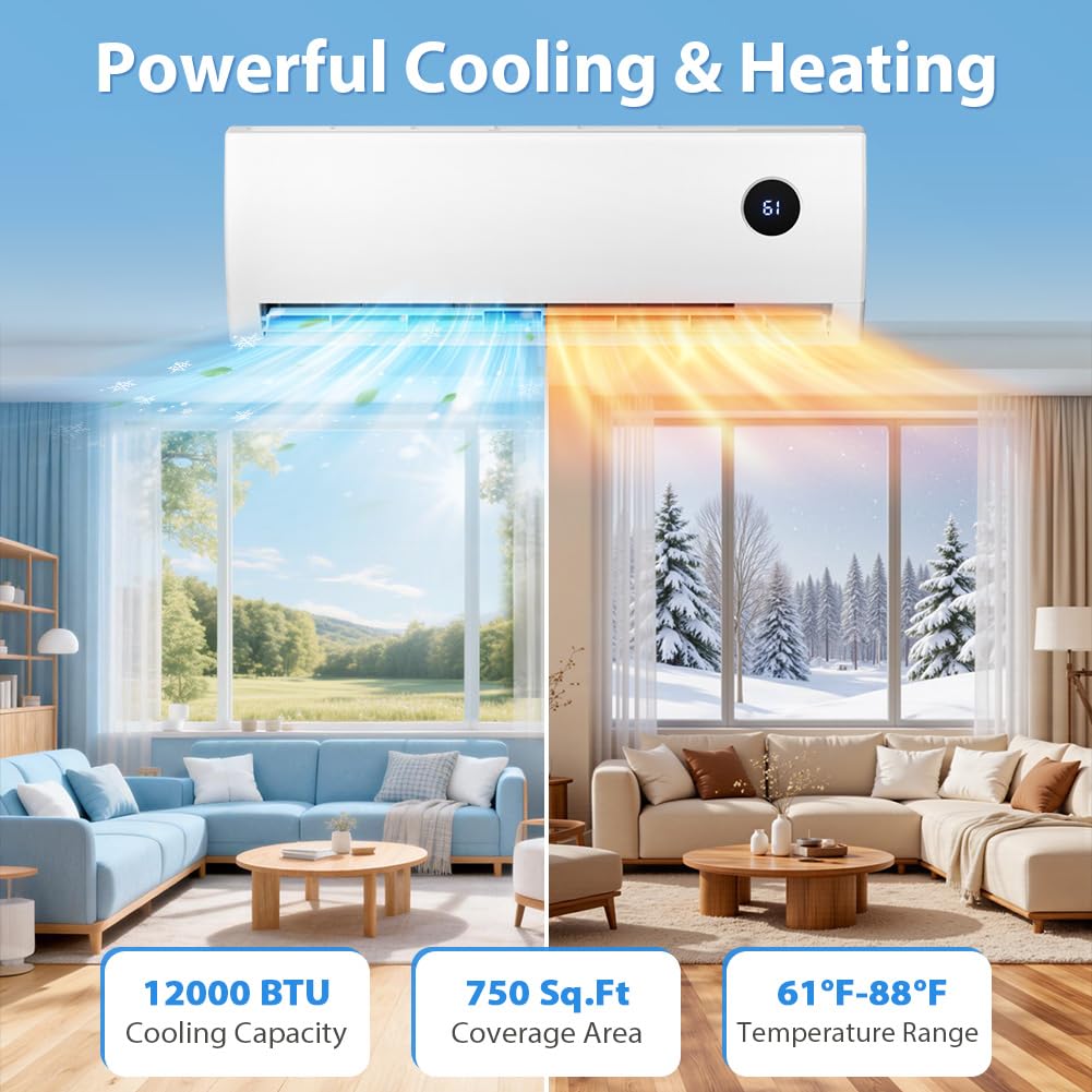 LifePlus Mini Split Air Conditioner, 12000 BTU Ductless Inverter AC/Heating System with Heat Pump, 19 SEER2 Energy Efficient 115V Quiet Ac Unit Up to 750 Sq.Ft with Installation Kit