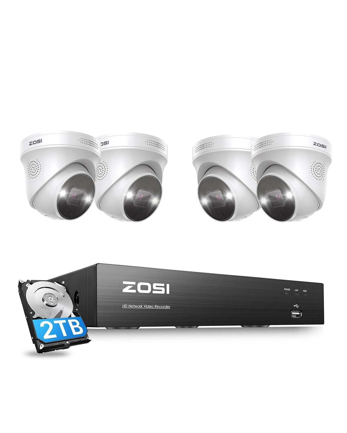 ZOSI 4K Spotlight PoE Security Camera System, 4pcs 5MP Outdoor Cam, 2TB HDD