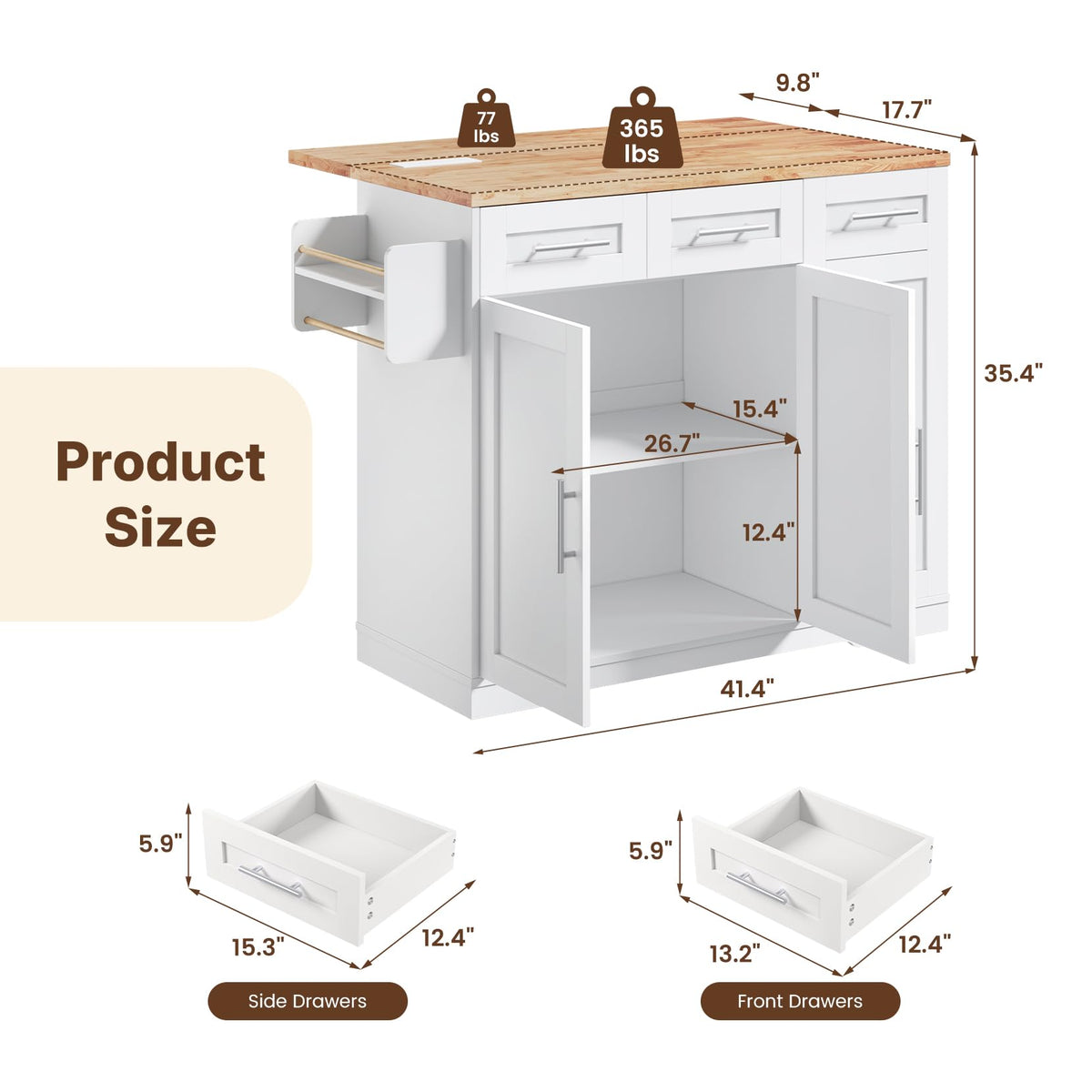 Dripex 41.5'' Kitchen Island with Power Outlet, Trash Cabinet & Storage