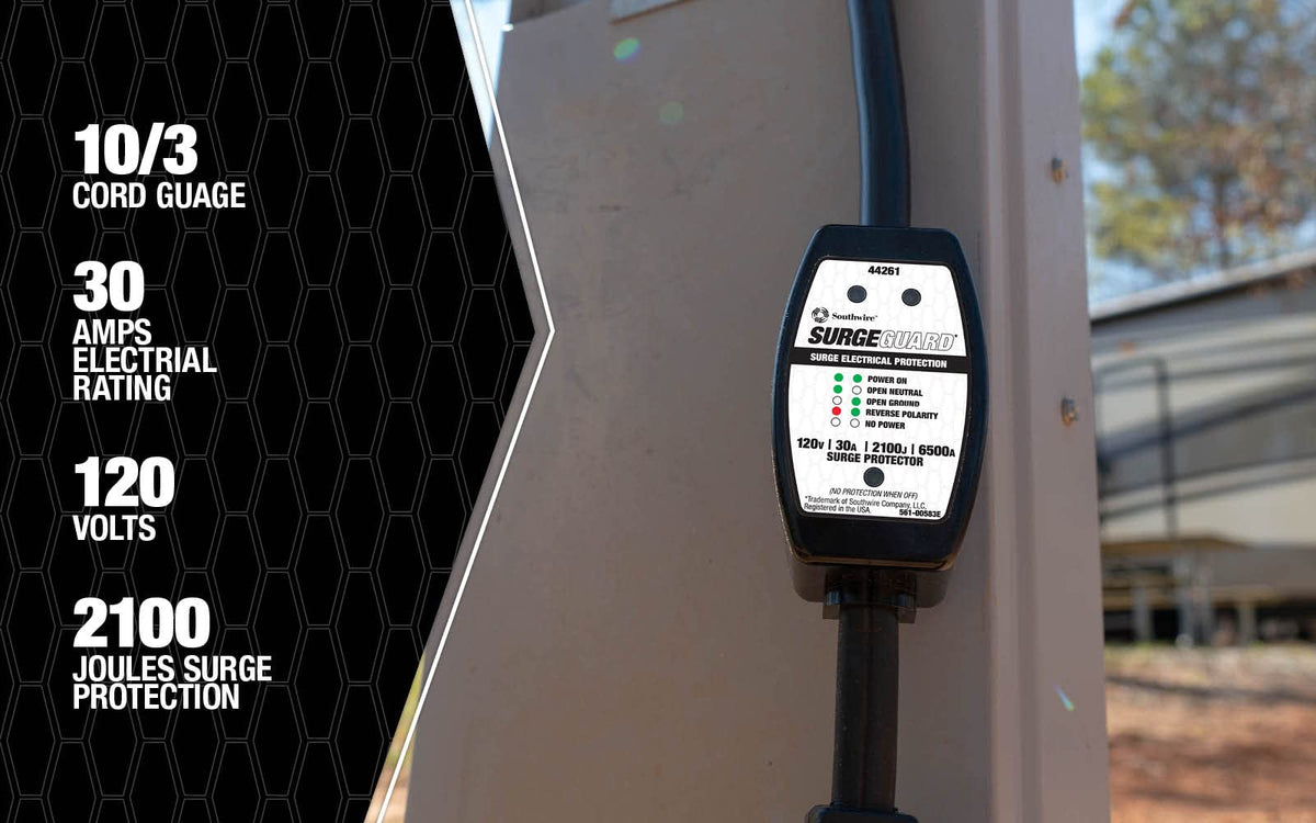 Southwire Surge Protector 120V 30AMP P&R - RV Surge Protector - 30 Amp RV Surge Unit - Circuit Tester - LED Voltage Monitor - Black - Campground Power Safety