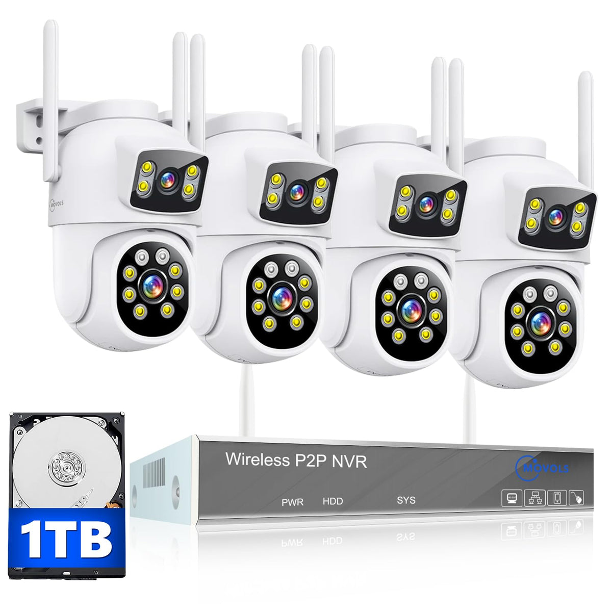 MOVOLS Wireless Security Camera System 5G/2.4G WiFi 8pcs 4MP+4MP Dual Lens Camera System,2K HD PTZ Dome Cameras System with Color Night Version, Motion Detection,2TB HDD, 16CH