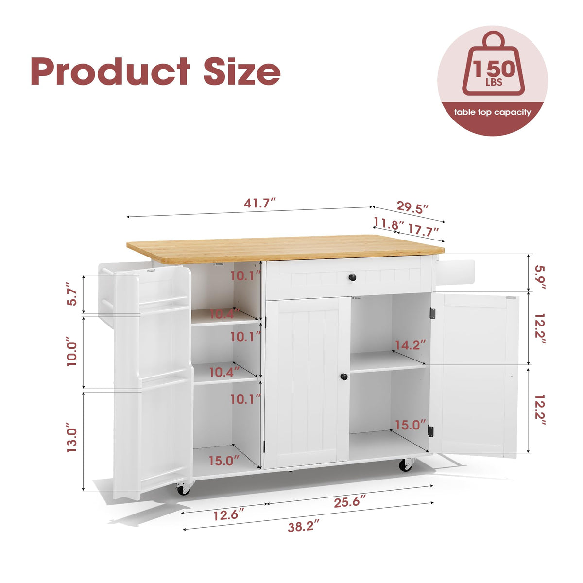 Kitchen Island with Storage, 41.7" Rolling Cart with Drop Leaf, Portable Island Table on Wheels, Spice Rack, Towel Rack and Drawer, White, 41.7" L x 29.5" W