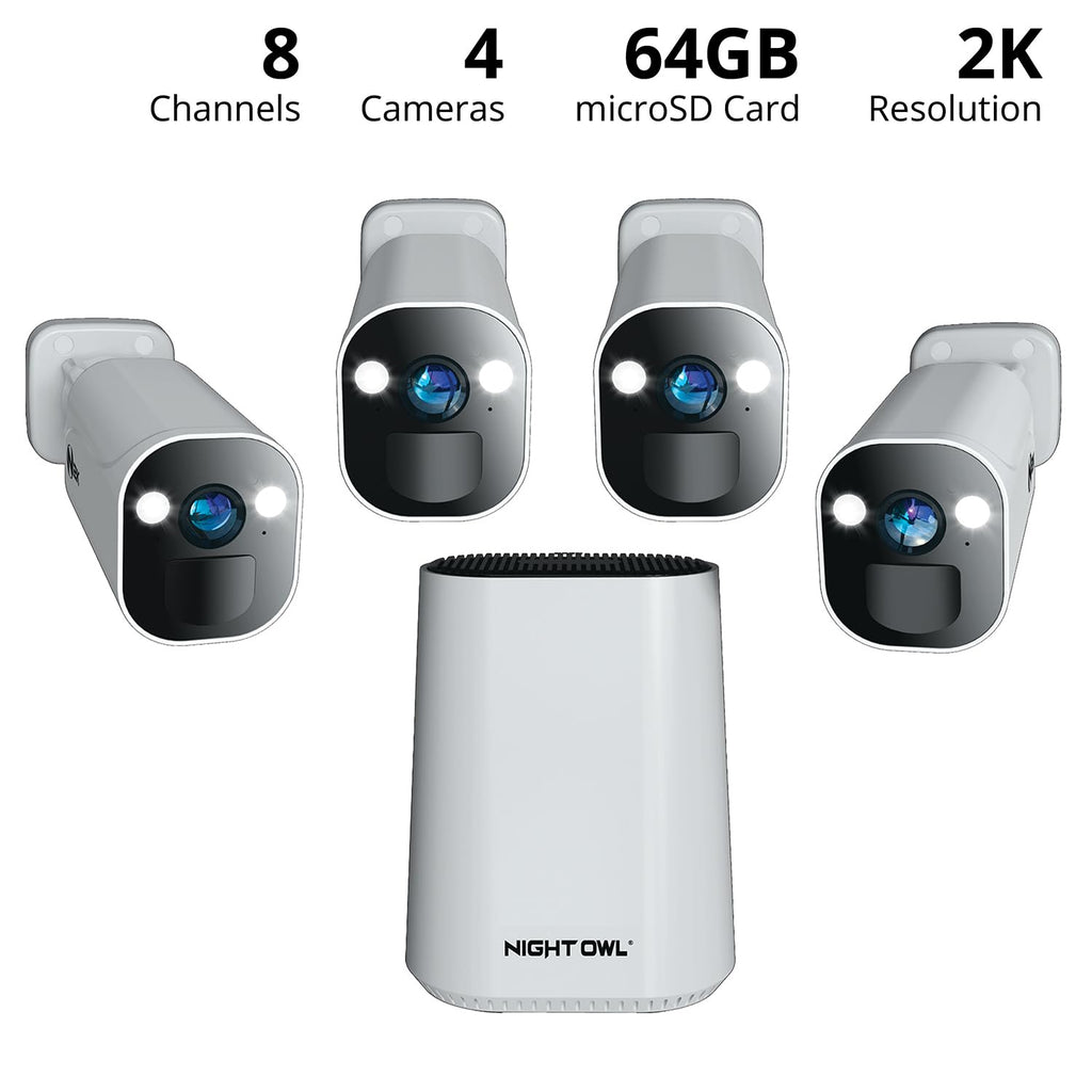 Night Owl 8-Ch Wireless Wi-Fi Hub, 4 2K Cams, 64GB microSD, 2-Way Audio