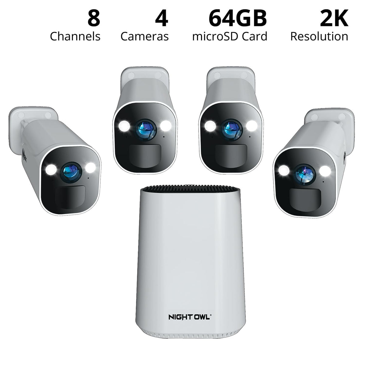 Night Owl 8-Ch Wireless Wi-Fi Hub, 4 2K Cams, 64GB microSD, 2-Way Audio