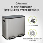 SIMPLI-Magic 21 Gallon (80L) Dual Compartment Kitchen Trash Can - Hands-Free Step Pedal, Soft-Close Lid, Stainless Steel Recycling Bin with Odor Filter (40L + 40L)
