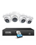 ZOSI 8CH 4K PoE Security Camera System with 2TB HDD, 4X 5MP Dome Cameras