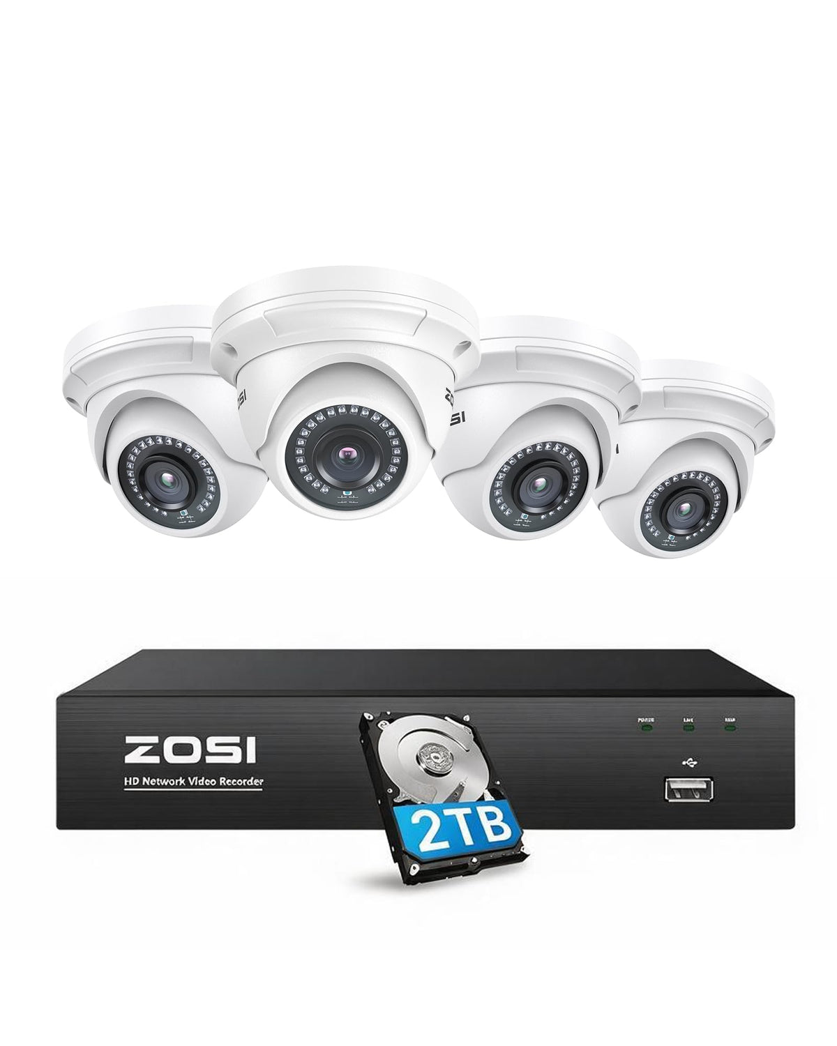 ZOSI 8CH 4K PoE Security Camera System with 2TB HDD, 4X 5MP Dome Cameras