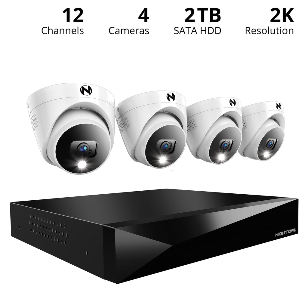 Night Owl 12-Ch Wired DVR System, 4 2K Cams, 2TB HDD, 2-Way Audio
