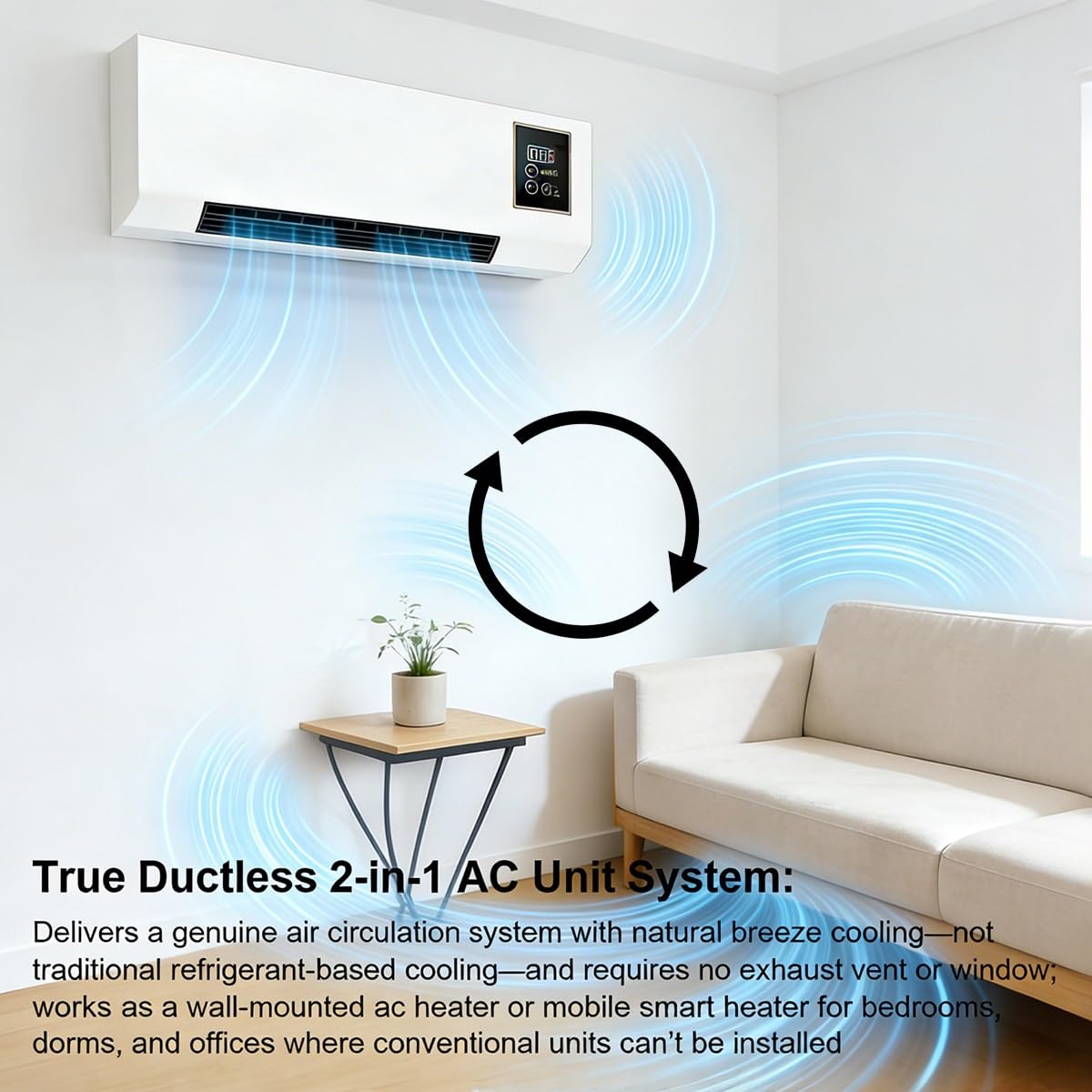 Wall Mount AC Heater Combo, 1500W Quiet Fan for Bedroom and Office, Smart Remote Control with 24H Timer, Portable Cooling and Heating Unit for Year-Round Comfort