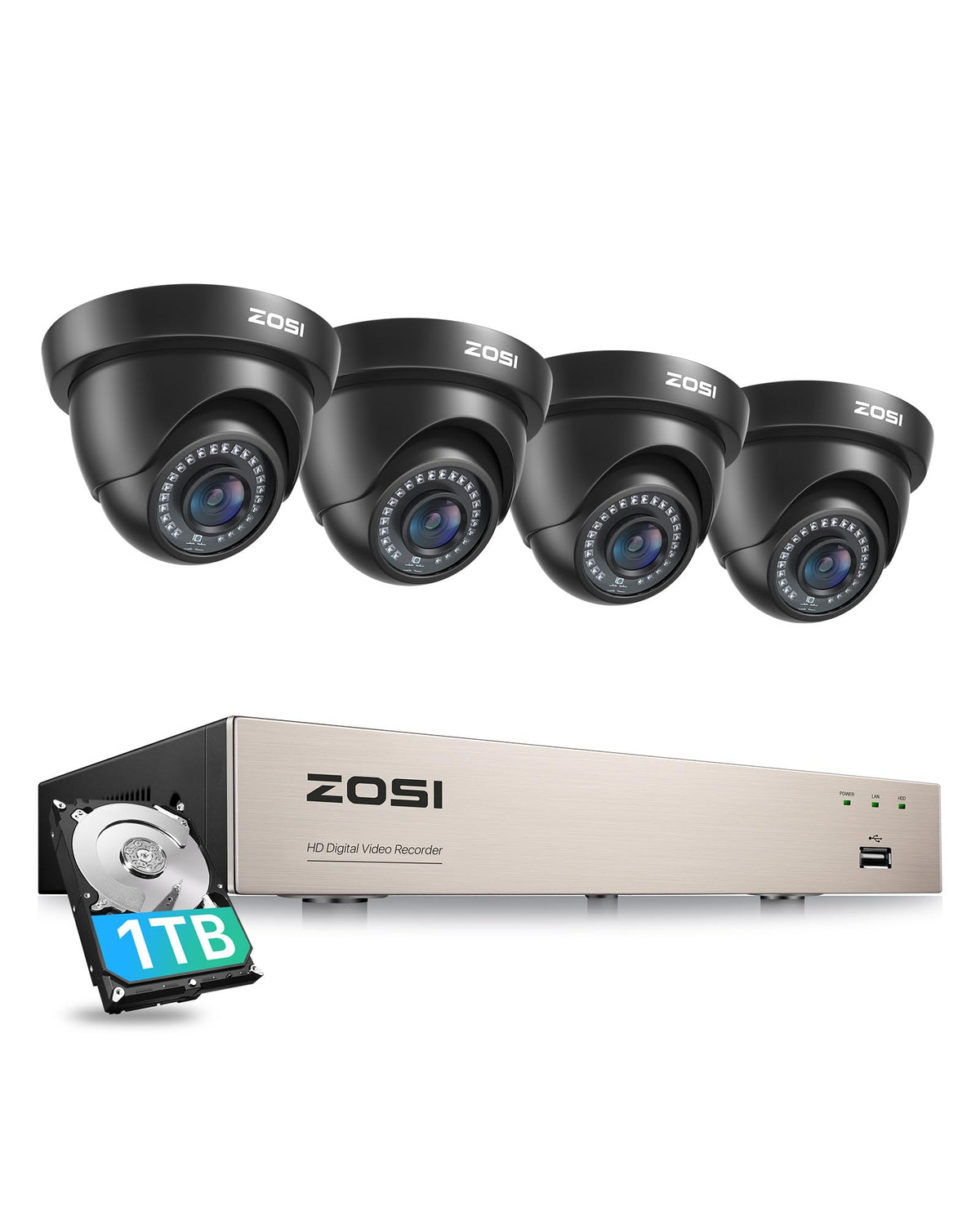 ZOSI 3K Lite Wired Security Camera System, 4 X 2MP Dome Cameras, 1TB HDD