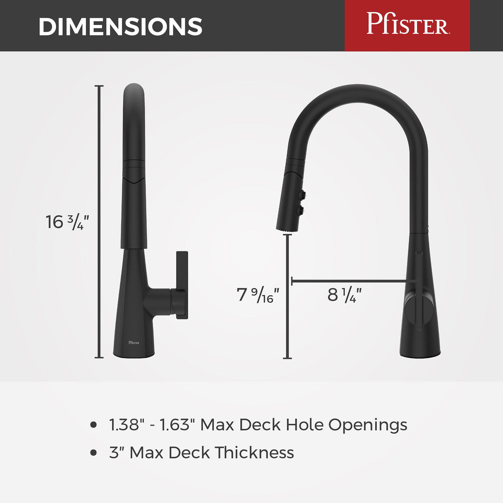 Pfister Exemplar Kitchen Faucet with Pull Down Sprayer Single Handle High Arc Matte Black Kitchen Sink Faucet NSF Certified Spot Defense Finish 1 or 3 Hole F5297EPSDB