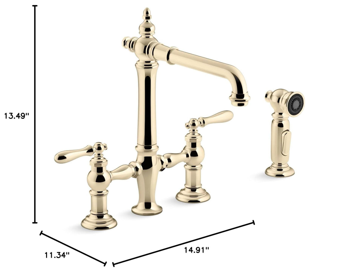 KOHLER Artifacts Two-Hole Bridge Kitchen Sink Faucet with Sidesprayer