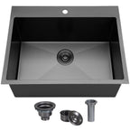 33x22 Black Drop In Kitchen Sink, 33 Inch All In One Topmount Gunmetal Black Stainless Steel Single Bowl Overmount Double Ledges Workstation Sink with Accessories