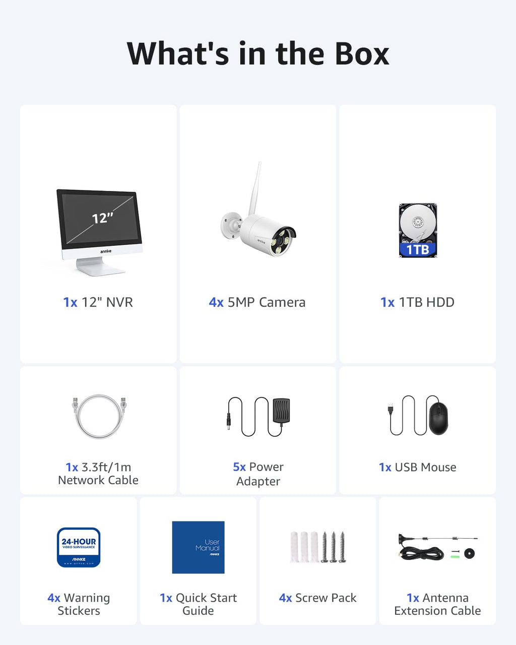 ANNKE 5MP Wireless Security Camera System, 12" Monitor, 4 Cameras, 1TB HDD