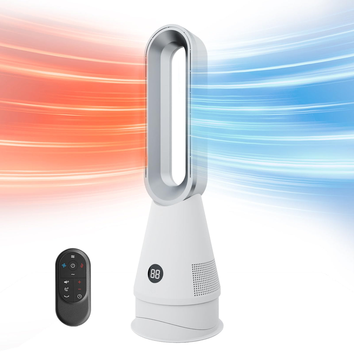 Bladeless Heater Fan, 25inch Heating & Cooling & Filter Combo Tower Fan 80° Oscillating with Remote, 9H Timer, 8 Speeds, Portable Quiet for Indoor, Bedroom, Home Office Room, White&Sliver