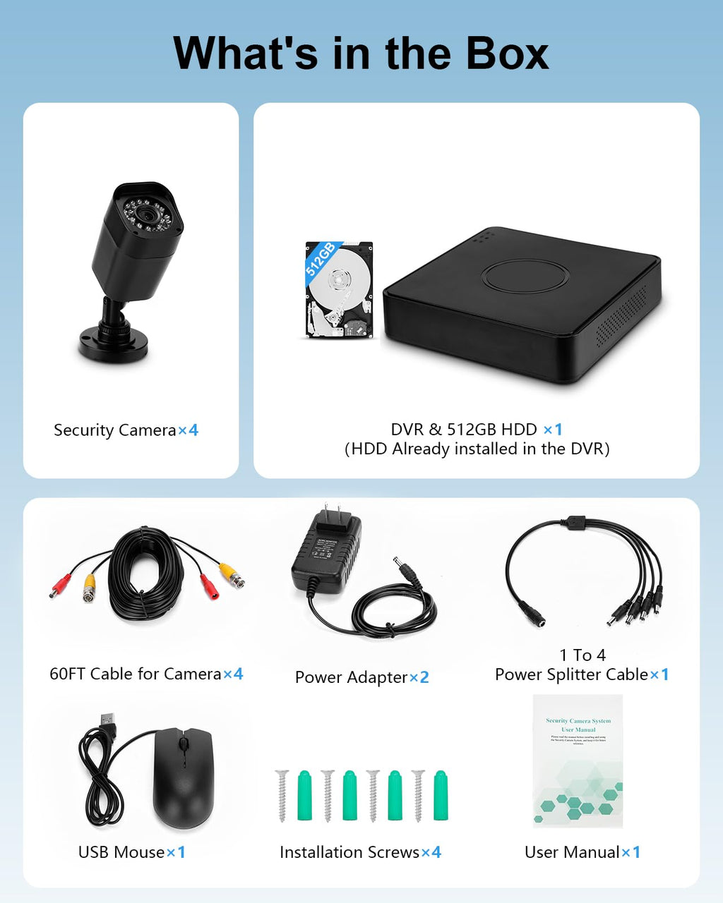 4CH Wired Security Camera System, AIWIXEN DVR with 512GB HDD, 4X 1080P Cam