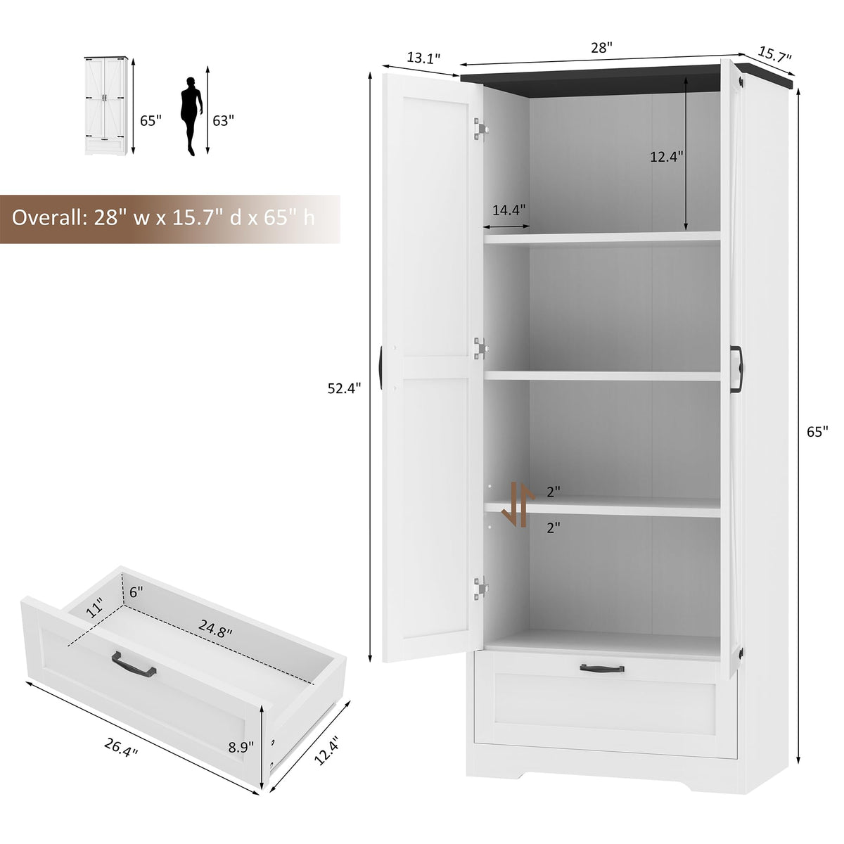 Shintenchi 65" Kitchen Pantry Cabinet, Farmhouse Storage, Pure White