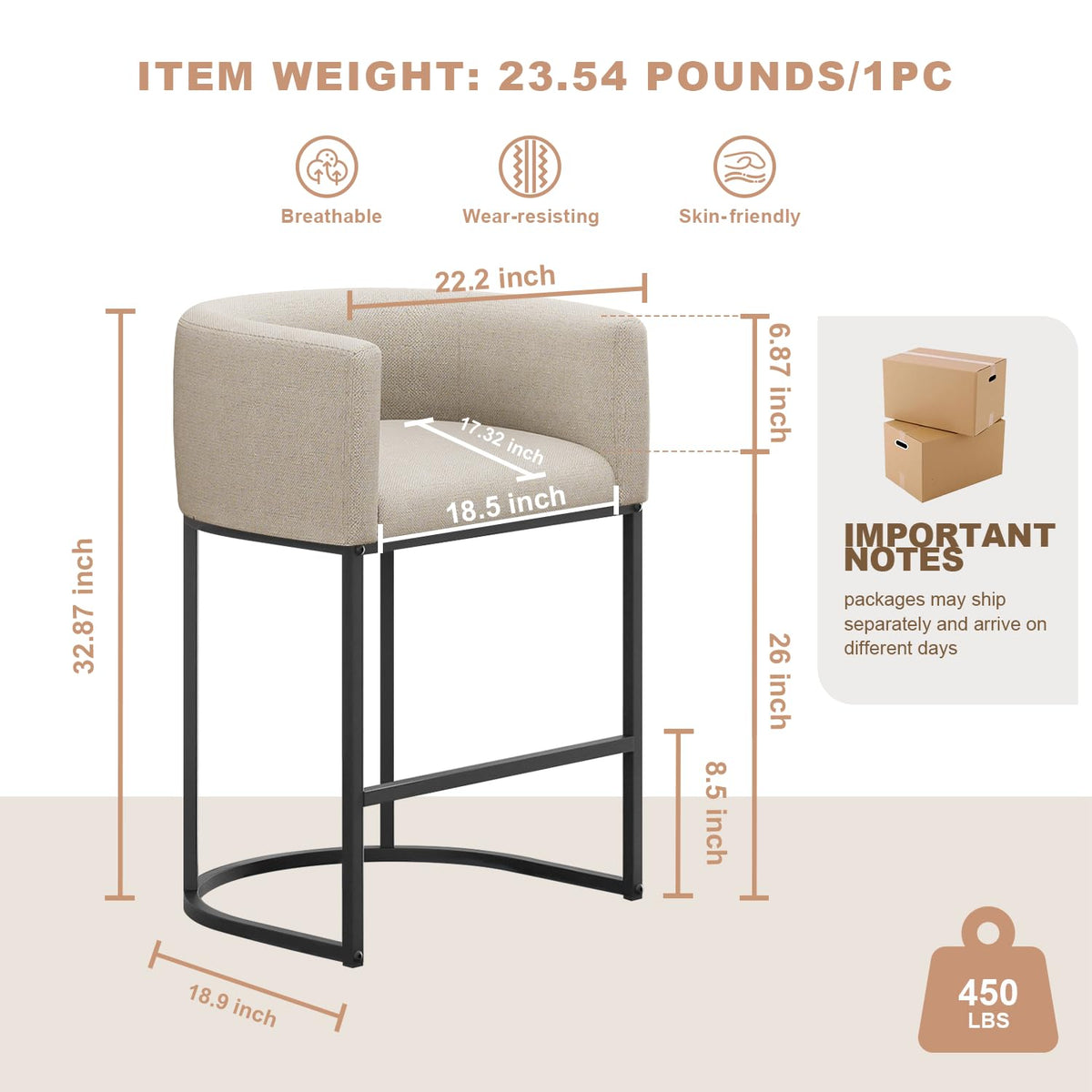 26" H Counter Height Bar Stools Set of 3, Modern Barrel Counter Stools with Backrest and Arms, Linen Fabric Upholstered Accent Barstools for Kitchen Island, Support 450 LBS, Beige