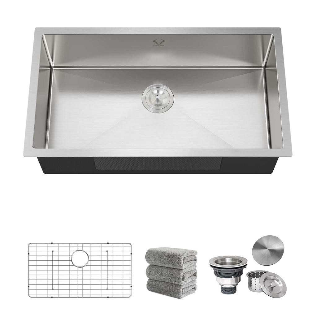 Kitchen Sinks 32x18 Inch Undermount Kitchen Sink Stainless Steel Sink 16 Gauge Single Bowl Set (5 Item Bundle: Sink, Bottom Grid, Drain Assembly, Drain Cap, Towel)