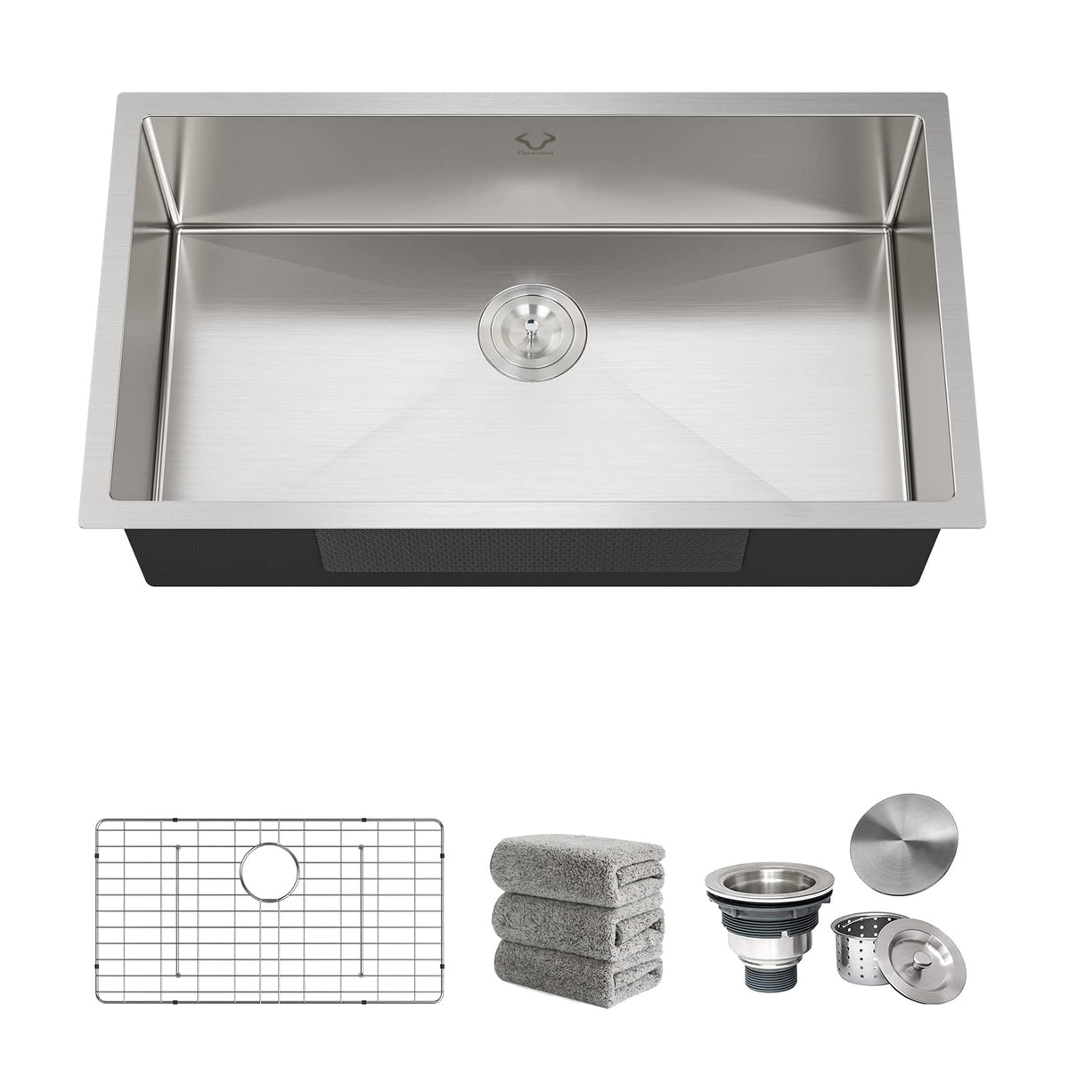 Kitchen Sinks 32x18 Inch Undermount Kitchen Sink Stainless Steel Sink 16 Gauge Single Bowl Set (5 Item Bundle: Sink, Bottom Grid, Drain Assembly, Drain Cap, Towel)