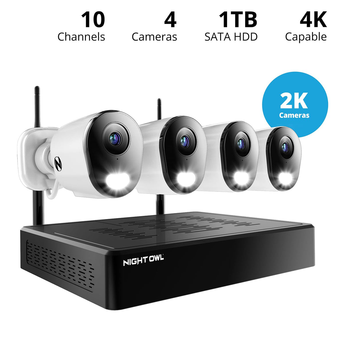 Night Owl 10-Ch Wireless Bluetooth System, 4 2K Cams, 1TB HDD, 2-Way Audio