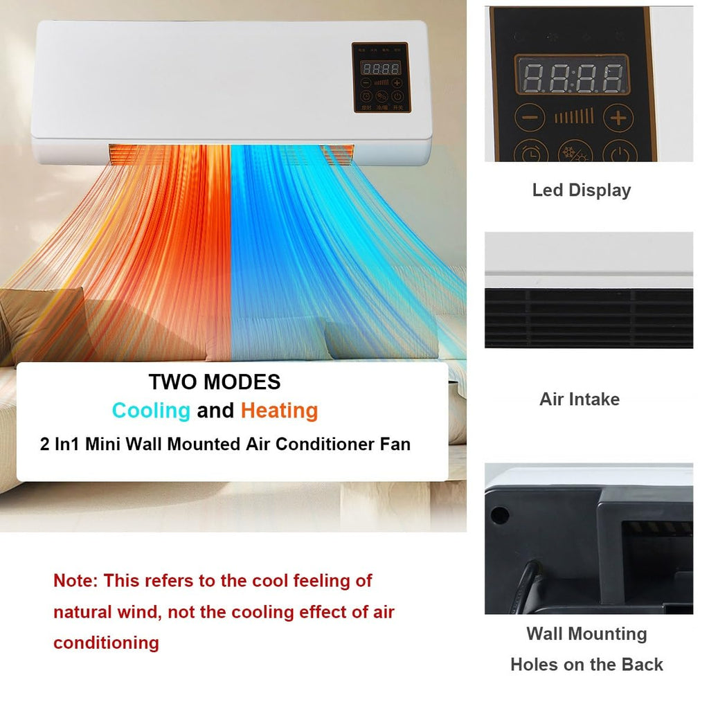 Wall Mount AC Heater Combo, 1500W Quiet Fan for Bedroom and Office, Smart Remote Control with 24H Timer, Portable Cooling and Heating Unit for Year-Round Comfort