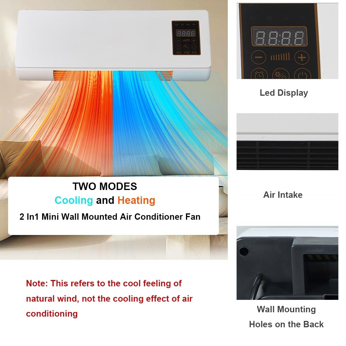 Wall Mount AC Heater Combo, 1500W Quiet Fan for Bedroom and Office, Smart Remote Control with 24H Timer, Portable Cooling and Heating Unit for Year-Round Comfort