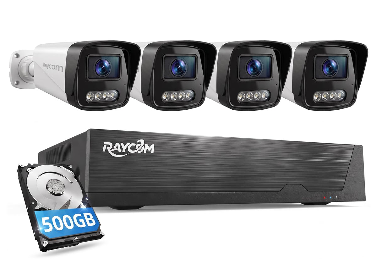 PoE Security Camera System, 4pcs Wired 3MP Outdoor IP Cameras with Color Night Vision, AI Human Detection, Two-Way Audio, 4K 4CH NVR with 500GB HDDfor 24-7 Recording, No Monthly Fee