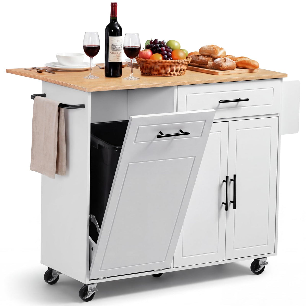 VEVOR 46" Kitchen Island Cart with Trash Storage, Drop Leaf, Drawer Cabinet
