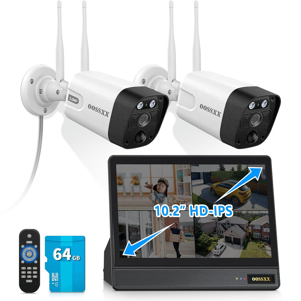 5MP Wireless WiFi Outdoor Security Camera System with Monitor, 64GB