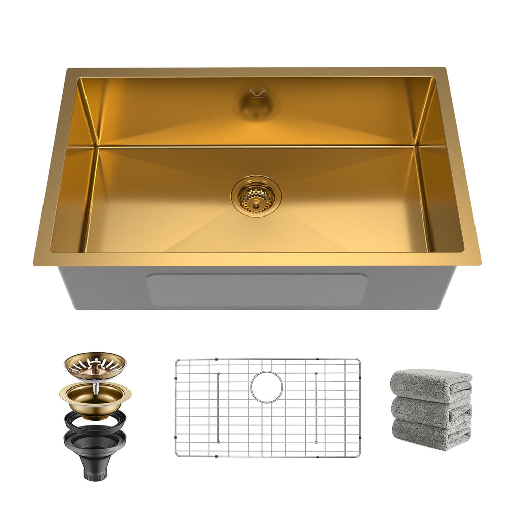 Kitchen Sinks 32x18 Inch Undermount Kitchen Sink Stainless Steel Sink 16 Gauge Single Bowl Set (5 Item Bundle: Sink, Bottom Grid, Drain Assembly, Drain Cap, Towel)