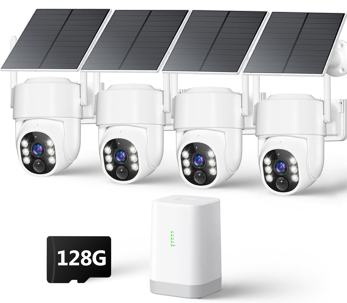 4MP Security Cameras Wireless Outdoor, No Subscription 128GB Local Storage, Solar Powered Cameras For Home Security, PTZ Auto Tracking, 4Cam-Kit, Color Night Vision Home Security Camera System,5G&2.4G