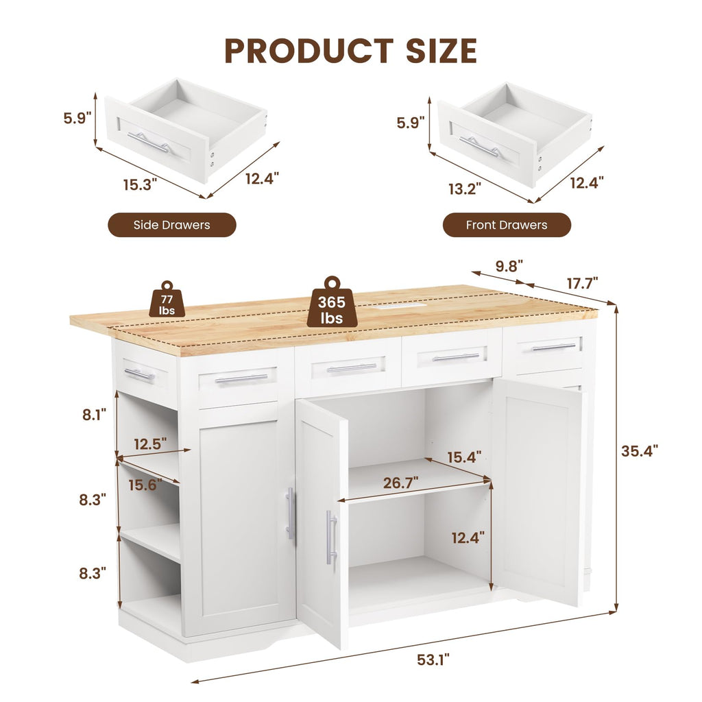 Dripex 53'' Rolling Kitchen Island with Power Outlet, Drop Leaf & Trash Can